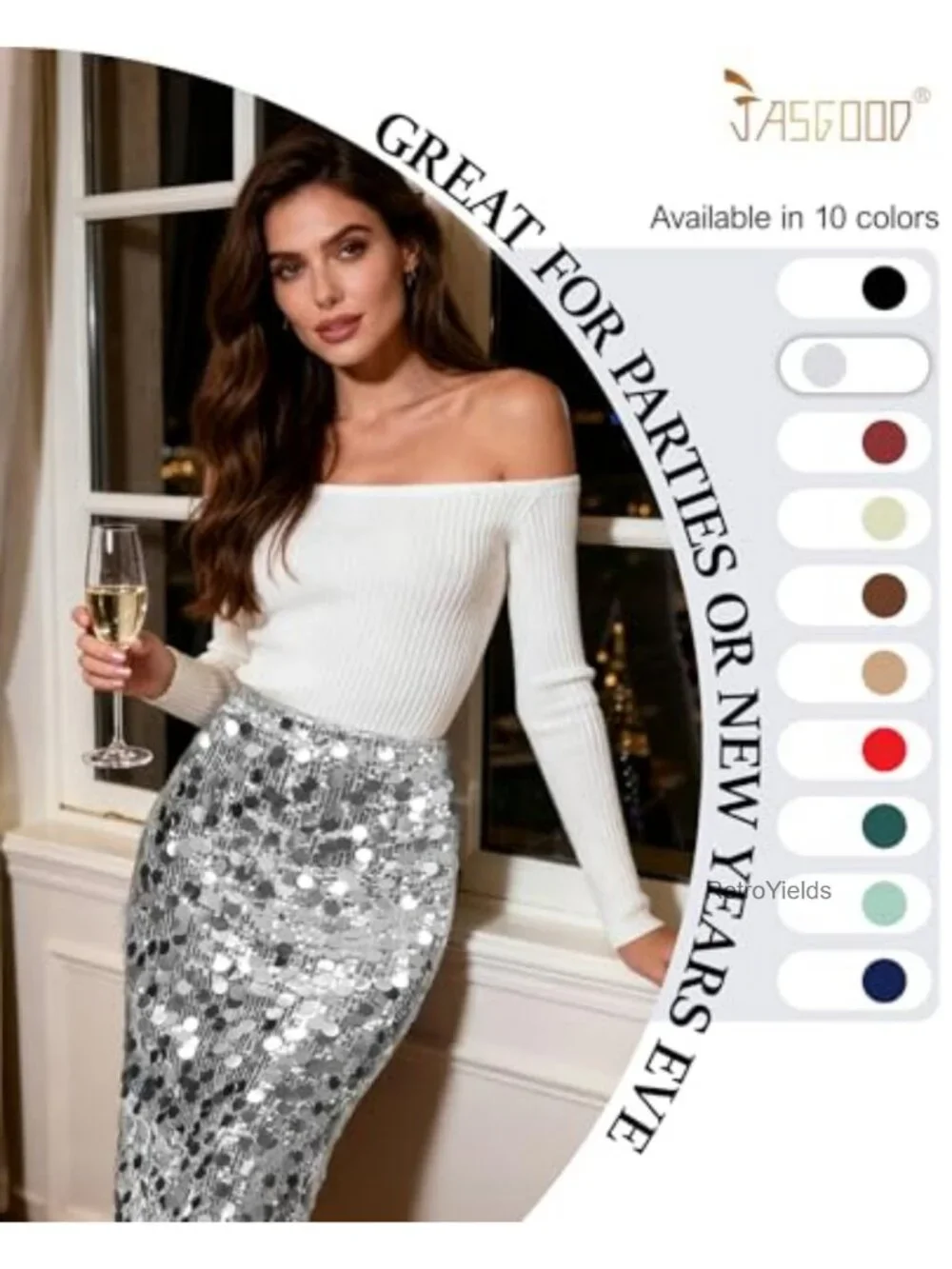 Sequin Midi Skirt High Waist Elastic Side Slit Stretchy Sparkle Skirt Night Out